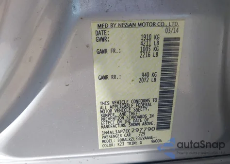 2014 Nissan Altima 2.5/2.5 S/2.5 Sl/2.5 Sv from USA, damaged, VIN 1N4AL3AP7EC297790